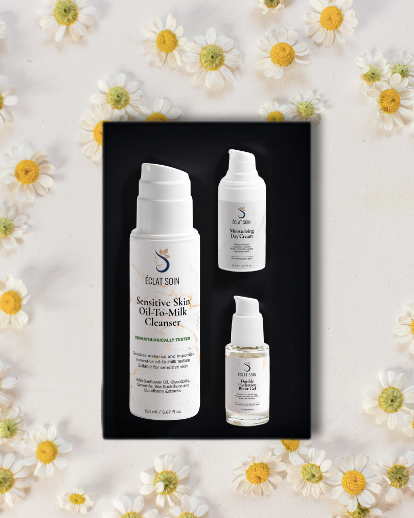 Eclat Soin Hydration Ritual Skincare Collection Box featuring oil-to-milk cleanser and serums on a floral background